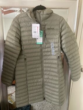 Marmot Long Quilted Hooded Puffer Jacket - Olive Green